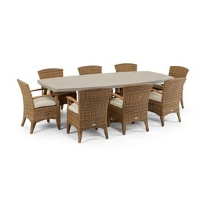 Waverley 2.6m Outdoor Concrete Look Dining Set Brushed Wheat With 8 Kai Wicker Chairs & Cream Cushions