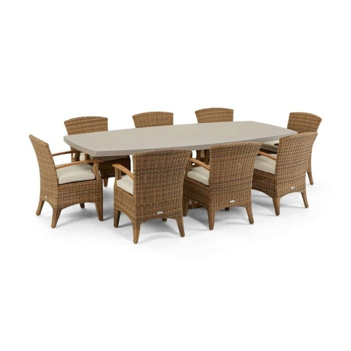 Waverley 2.6m Outdoor Concrete Look Dining Set Brushed Wheat With 8 Kai Wicker Chairs & Cream Cushions