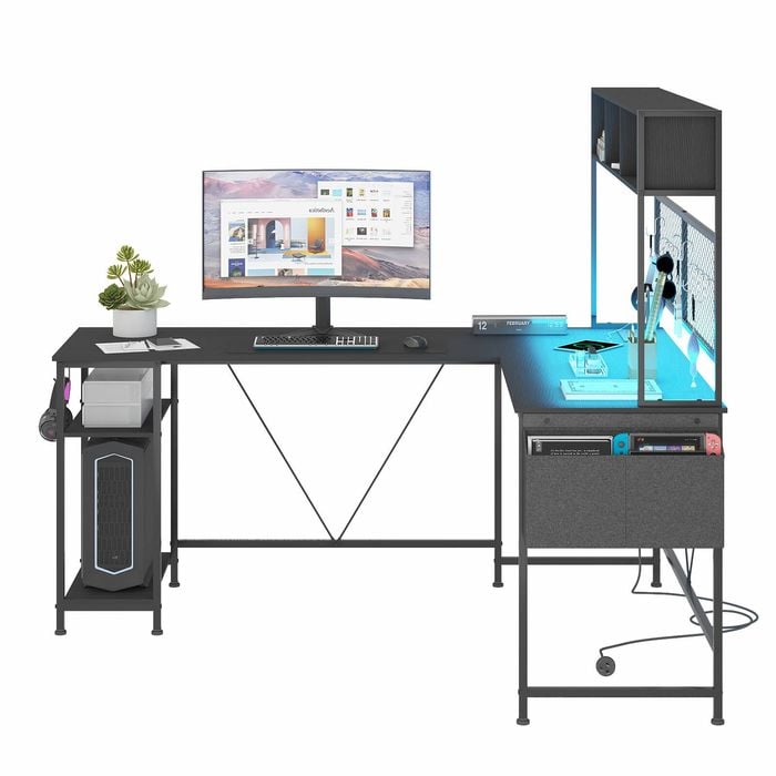 Ufurniture L shape Gaming Desk with LED Lights & Power Outlets Black
