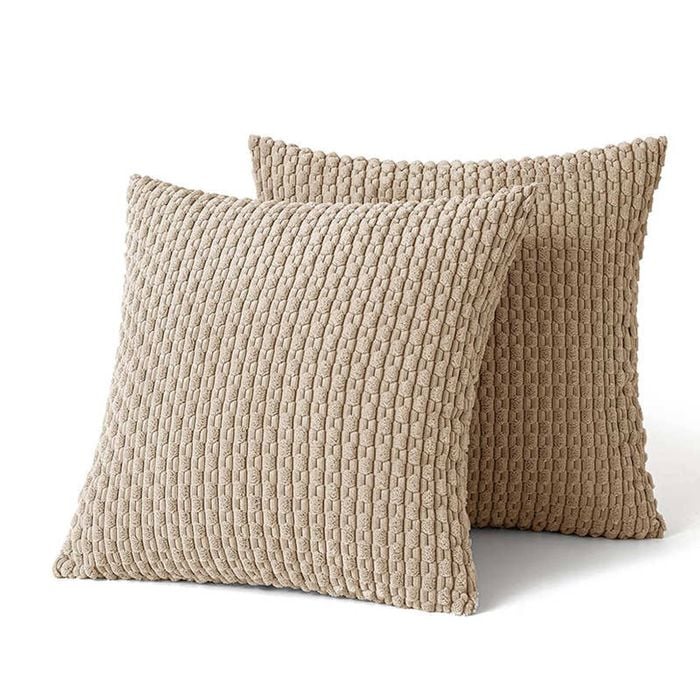 Catzon 2 Pcs Throw Pillow Covers Soft Striped Corduroy Cushion Case for Couch 55X55cm-Apricot