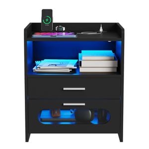 Advwin Bedside Table Wireless Charging Station LED Lights 2 Drawers Storage Black