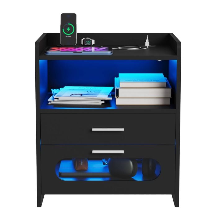 Advwin Bedside Table Wireless Charging Station LED Lights 2 Drawers Storage Black
