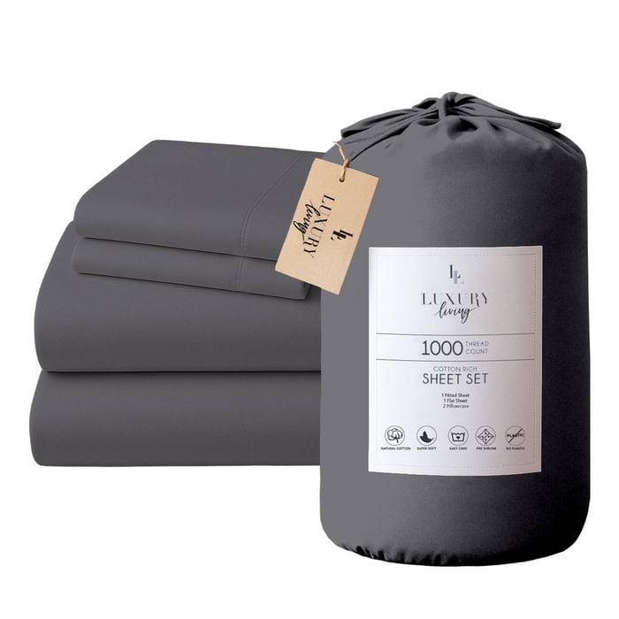 4pc 1000 Thread Count Cotton Rich King Bed Sheet Gift Pack CVC Microfibre Blend in Charcoal