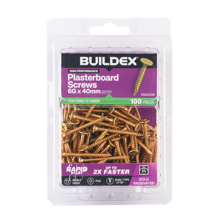 Buildex 6G x 40mm Gold Passivated Plasterboard Screws - 100 Pack