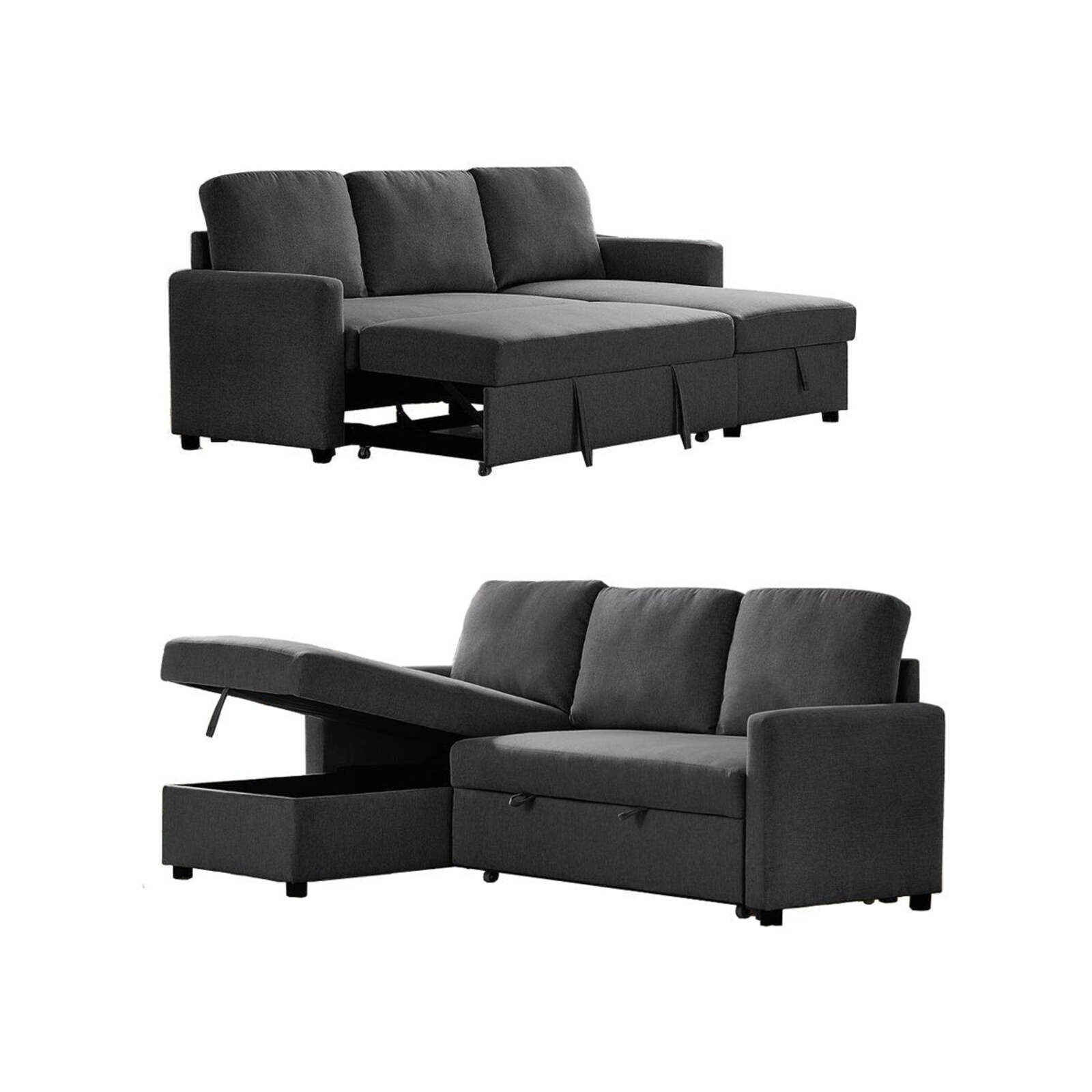 Foret 3 Seater Sofa Bed Modular Corner Pullout Lounge Storage Chaise Fabric Black