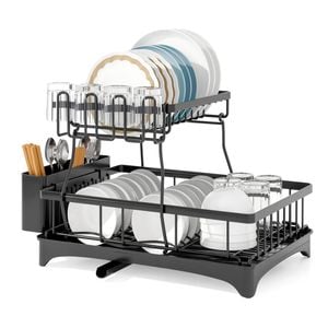 ADIVO 2 Tier Dish Drainer Drying Rack in Carbon Steel with Kitchen Counter Cup and Cutlery Holder