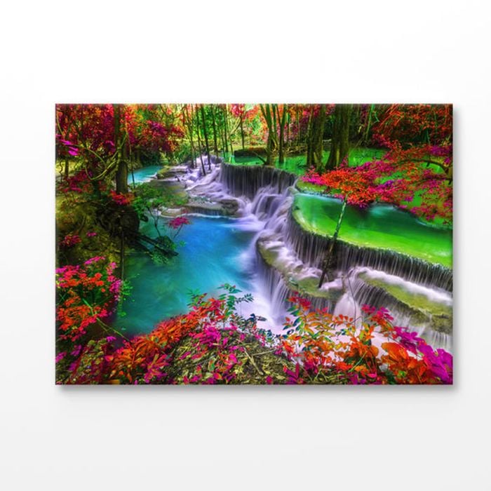 Waterfall With Red Autumn Trees Print 100% Australian Made 180x120cm (Stretched Canvas)