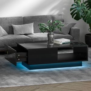 Artiss Coffee Table LED Lights High Gloss Storage Drawer Black