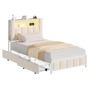 Advwin King Single Upholstered Velvet LED Bed Frame with Hidden Storage Beige