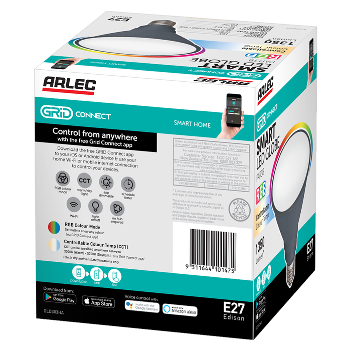 Arlec Grid Connect E27 PAR38 LED 1350lm RGB CCT 15W Globe