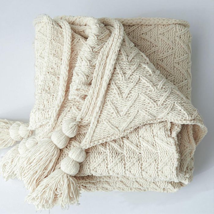 CottonMore Acrylic Chenille Knitted Blanket Herringbone Tassel Throw Rug 130x160cm-Beige