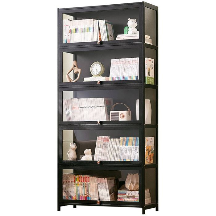 FORET 5-Tier Bamboo Display Cabinet Flip-Up Door Dust-Proof Bookshelf 80cm Wide