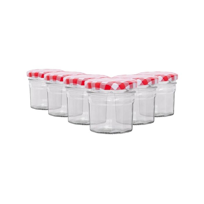 Argon Tableware 90ml Glass Jam Jars With Airtight Red Gingham Lids - Set Of 6 Empty Screw Top Kitchen Storage Preserving Jar