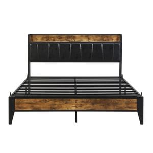 IHOMDEC Queen Size Metal & Wood Bed Frame 2 Outlets &1 USB ports and 1 Type C Charging Station BED03 Rustic Dark Brown