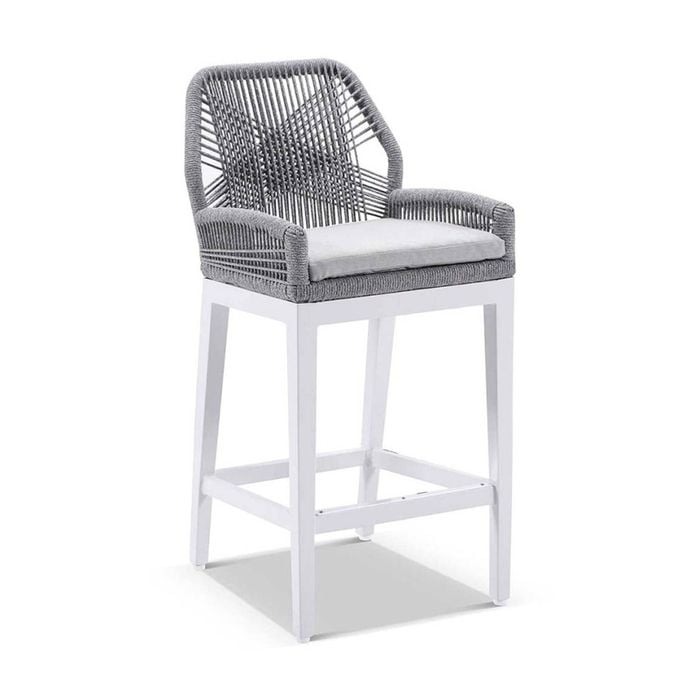 Hugo Outdoor Aluminium And Rope Bar Stool White & Grey W/textured Olefin Cushions
