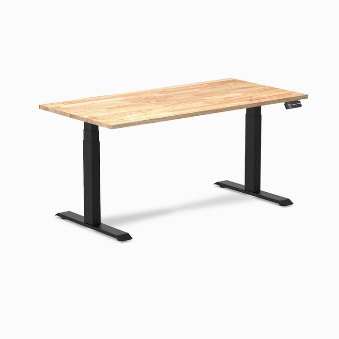Desky Dual Natural Timber Rubberwood Sit Stand Desk 150x75cm Matte Black Frame Leg