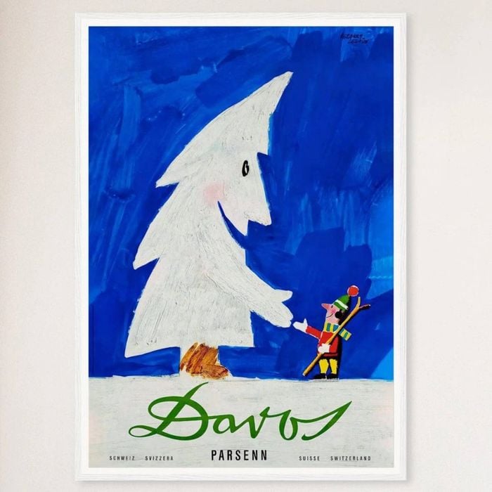 Galrie Davos Parsenn Snow Tree Vintage Ski Poster - Swiss Alps Adventure Art, White Frame, 70 x 100cm (28 x 40inch)