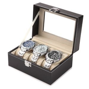 Catzon Watch Box Pu Leather Watch Display Case With Large Glass Lid-3slot