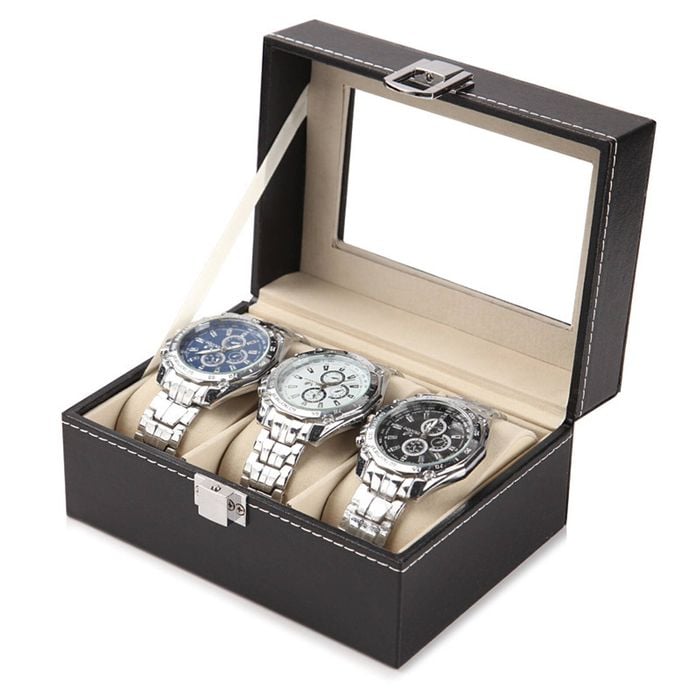 Catzon Watch Box Pu Leather Watch Display Case With Large Glass Lid-3slot