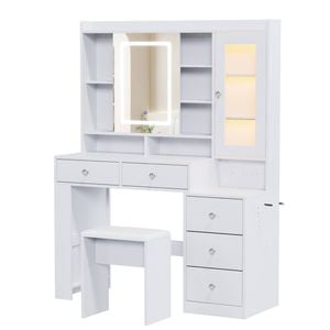 Ufurniture Makeup Mirror Vanity Desk Dressing Table with RGB Cabinet Power Outlet & 5 Drawers White