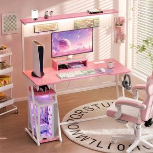Advwin 120cm Led Gaming Desk W/ Movable Monitor Stand & Power Outlets Shelf Hook & Pegboard Pink
