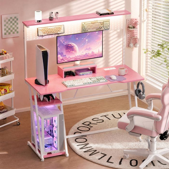 Advwin 120cm Led Gaming Desk W/ Movable Monitor Stand & Power Outlets Shelf Hook & Pegboard Pink
