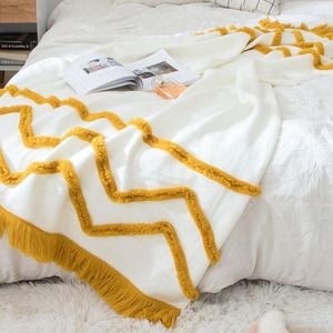 CottonMore Acrylic Knitted Blanket Tufted Tassel Bed Sofa Throw Rug 130cm x 160cm - Yellow