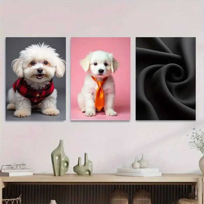 3pcs Cute Puppy Pink & Black Backgrounds Print 100% Australian Made 3 x 40x60cm (Metal Print)