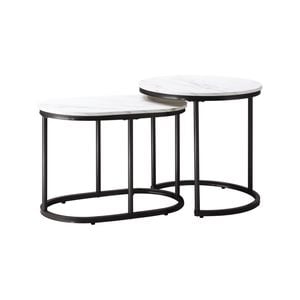 Oikiture Set of 2 Coffee Table Round Oval Marble-like Nesting Side Tables Black