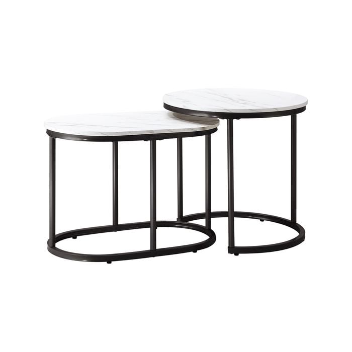 Oikiture Set of 2 Coffee Table Round Oval Marble-like Nesting Side Tables Black