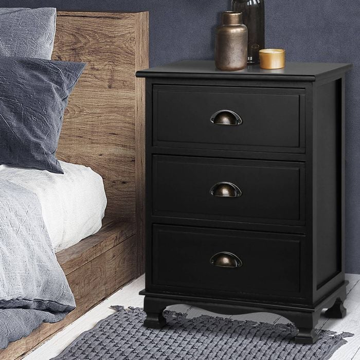 Artiss Black 3 Drawer Storage Vintage Bedside Table