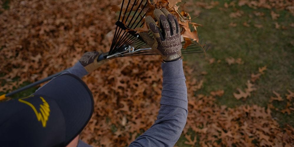 Person raking up leaves on the lawn, wearing gardening gloves