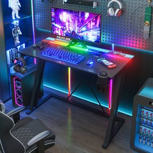 Advwin Gaming Desk Built-in LED Lights & Power Outlets 100cm Carbon Fiber Surface Computer Desk Black
