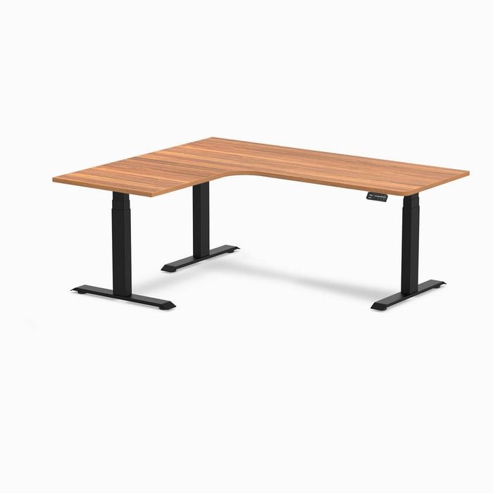 Desky L-Shape Sit to Stand Prime Oak Melamine Desk 1800x1500mm - Left Return Height Adjustable Matte Black Leg