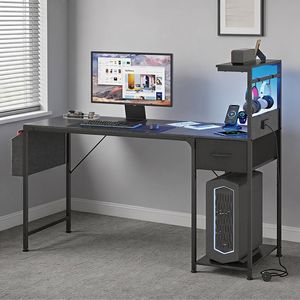 Ufurniture 120cm LED Gaming Desk w/ Power Outlets & Side Pocket Reversible Carbon Fiber Computer Table with Drawer Black