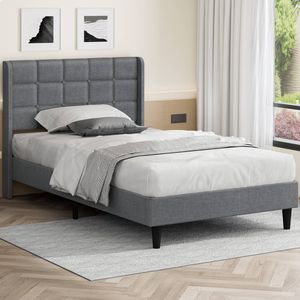 Alfordson Bed Frame Single Size Upholstered Wingback Base Wood Fabric Grey Sarah