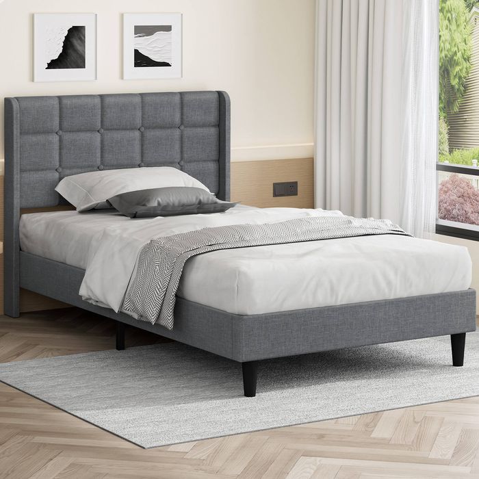 Alfordson Bed Frame Single Size Upholstered Wingback Base Wood Fabric Grey Sarah