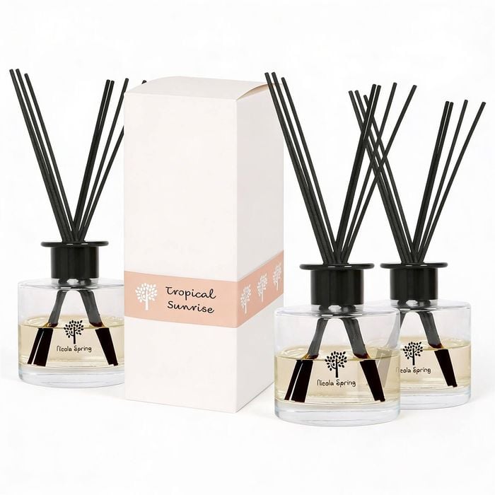 Nicola Spring Glass Reed Diffusers 200ml - Tropical Sunrise - Pack Of 3 Fruity Summer Fragrance With 8 Reeds Each Long Lasting