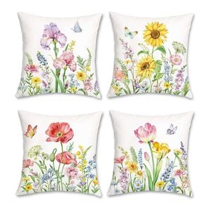 Catzon 4 Pcs Linen Throw Pillow Covers Watercolor Flower for Bed Sofa Decor 45X45cm