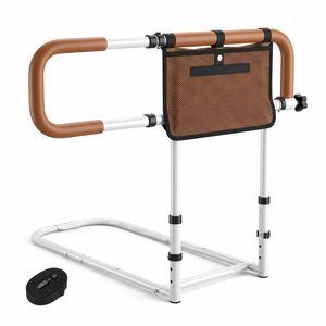 Costway Foldable Bed Rail Seniors Bedrail Bed Cane Fixing Strap Adjustable Width & Height Pocket Handle