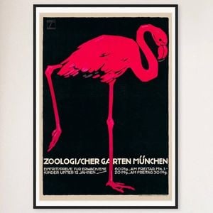 Galrie Munich Zoo Vintage Pink Flamingo Poster by Ludwig Holhwein for Home Decor, Black Frame, 70 x 100cm (28 x 40inch)