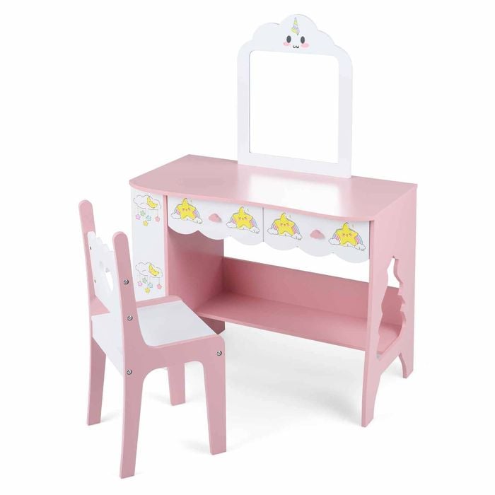 Costway Kid Vanity Desk Set Mirror Makeup Table Chair Drawers Bookshelf