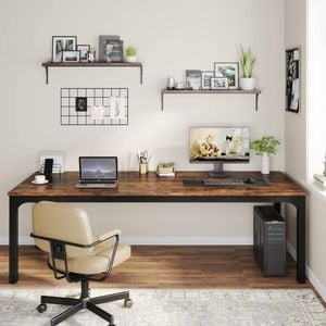 OAKORY 200cm Home Office Computer Desk Two Person Metal Frame Rustic Brown & Black