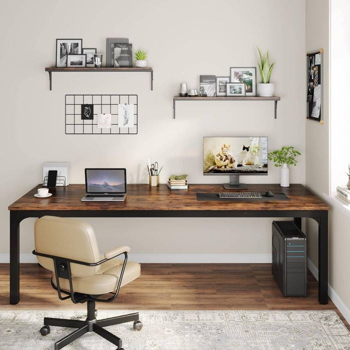 OAKORY 200cm Home Office Computer Desk Two Person Metal Frame Rustic Brown & Black