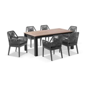 Balmoral Outdoor 1.8m Teak/aluminium Table Charcoal With 6 Hugo Chairs & Grey Rope W/textured Olefin Cushions