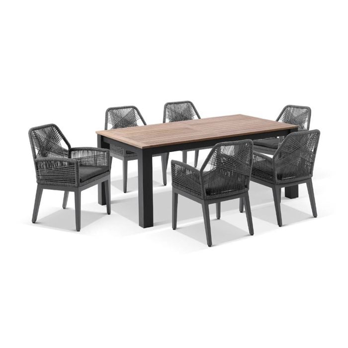 Balmoral Outdoor 1.8m Teak/aluminium Table Charcoal With 6 Hugo Chairs & Grey Rope W/textured Olefin Cushions