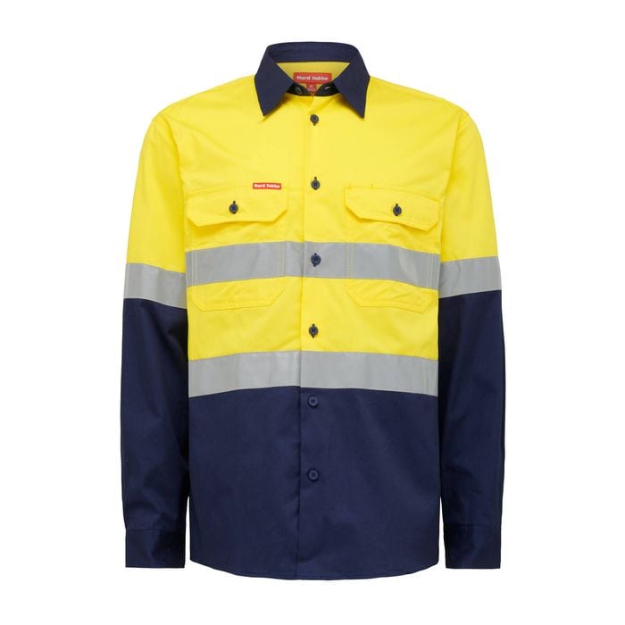 Hard Yakka Yellow/Navy Core Hi Vis Taped Long Sleeve Shirt - Size 3XL