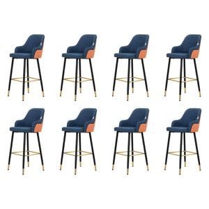 Familand Bar Stools Set of 8, Navy Faux Leather Upholstered Barstools,with Backrest Footrest