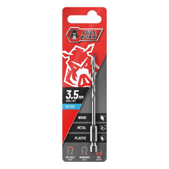 Full Boar 3.5mm Hex Shank M2 HSS Drill FBHSSM2-035HX