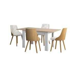 Oikiture  5PCS Dining Sets 160cm Extendable Dining Table with Dining Chairs PU Leather White